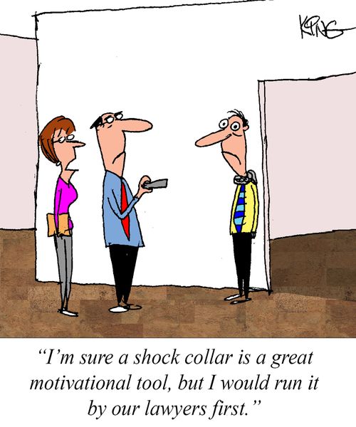"I'm sure a shock collar is great motivational tool, but I would run it by our lawyers first."