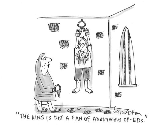 "The king is not a fan of anonymous op-eds."