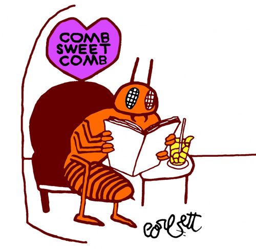Bee reads paper under sign: 'Comb Sweet Comb'
