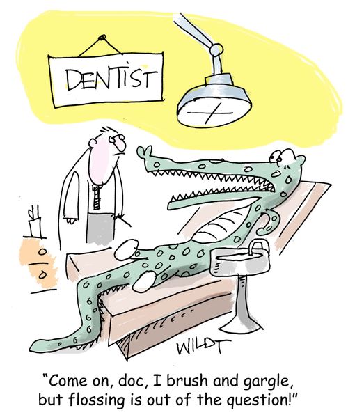 "Come on, Doc, I brush and gargle, but flossing is out of the question!"