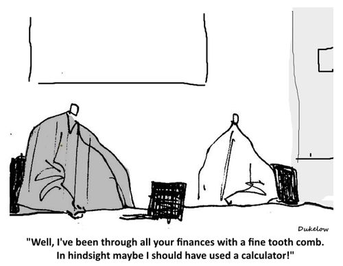 "Well, I've been through all your finances with a fine tooth comb. In hindsight maybe I should have used a calculator!"