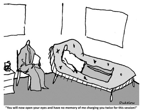 "You will now open your eyes and have no memory of me charging you twice for this session!"