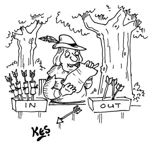Robin Hood sits at desk near two work boxes. The in box contains arrows with messages attached, the out box, just arrows.