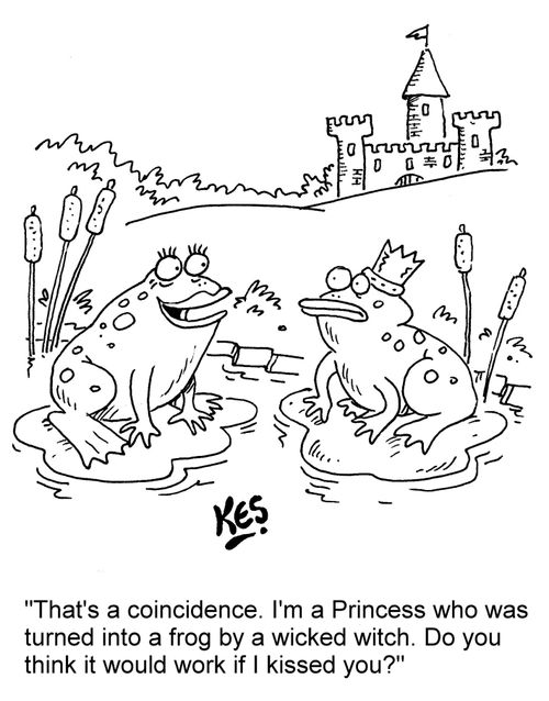 "That's a coincidence. I'm a Princess who was turned into a frog by a wicked witch. Do you think it would work if I kissed you?"