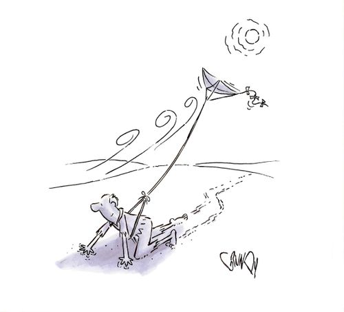 Desert crawler is shaded by kite attached to his waist.