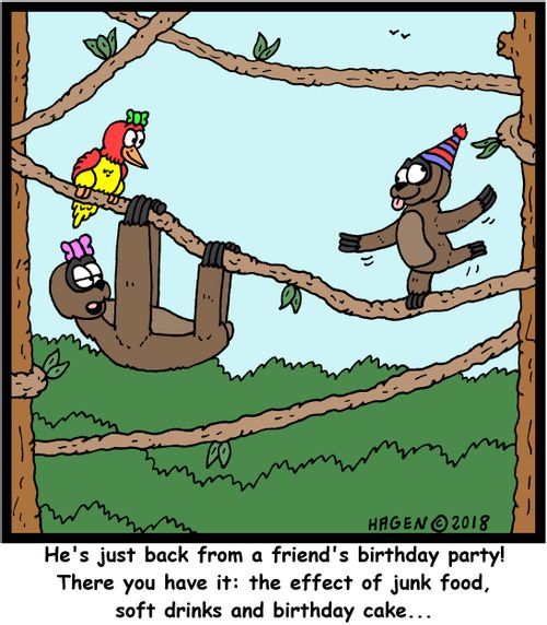 "He's just back from a friend's birthday party! There you have it: the effect of junk food, soft drinks and birthday cake..."