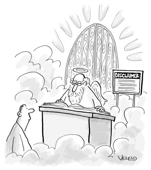 "Disclaimer" fine-print sign at Pearly Gates