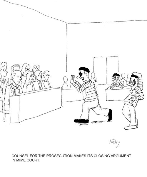 Counsel for the prosecution makes its closing argument in mime court.
