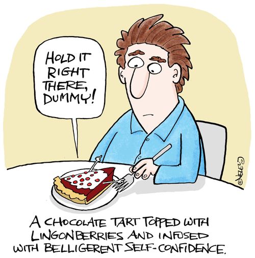 A chocolate tart topped with lingonberries and infused with belligerent self-confidence.