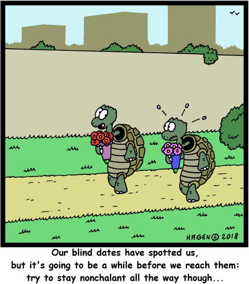 "Our blind dates have spotted us, but it's going to be a while before we reach them: try to stay nonchalant all the way though..."