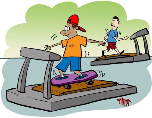 A teenager is skateboarding on a treadmill.