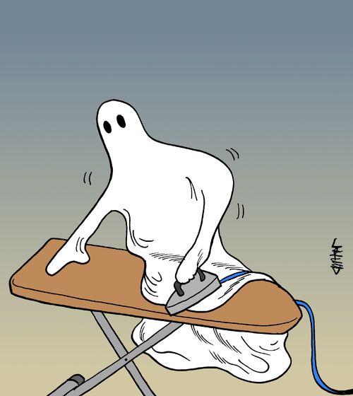 A ghost irons itself on an ironing board.