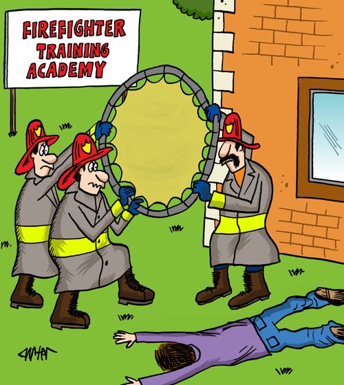 Student fire fighters at a training academy screw up holding the trampoline.