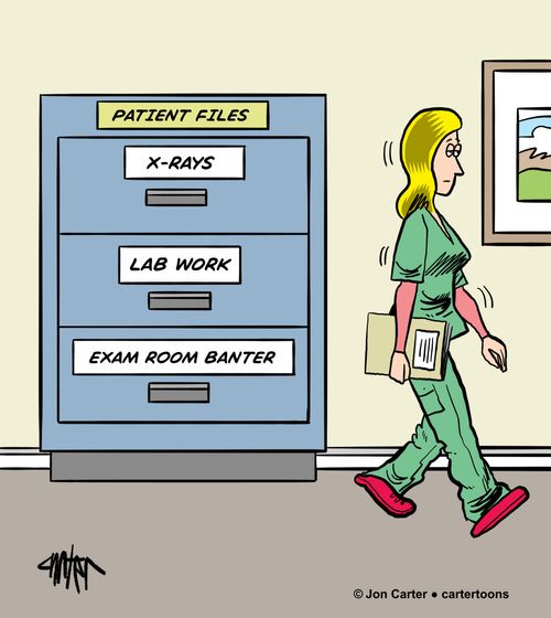 A medical office filing cabinet has drawer labels that read, 'X-Rays,' 'Lab Work,' and 'Exam Room Banter'