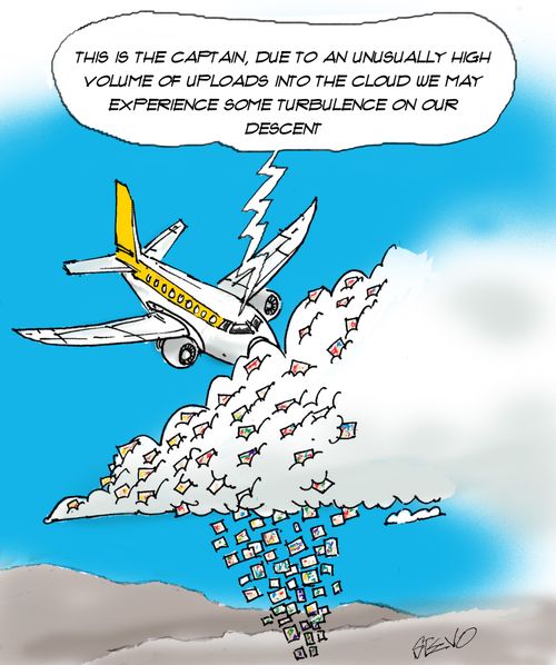 "This is the Captain, due to an unusually high volume of uploads into the cloud we may experience some turbulence on our descent!"