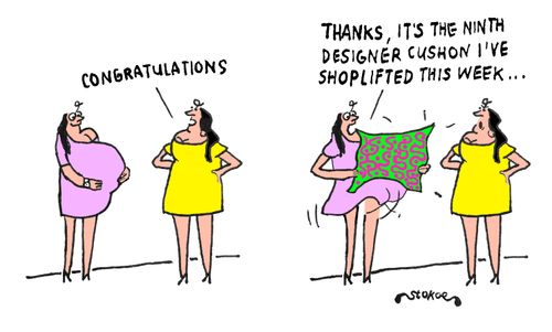 "Thanks, it's the ninth designer cushion I've shoplifted this week..."