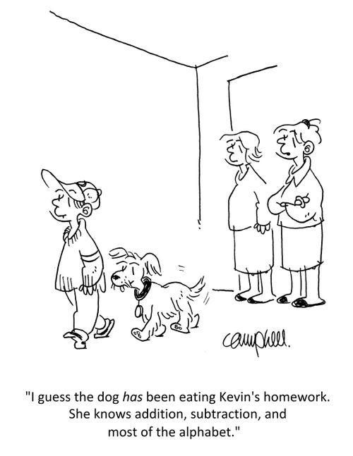 "I guess the dog has been eating Kevin's homework. She knows addition,subtraction, and most of the alphabet."