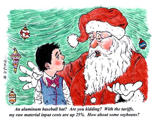 "An aluminum baseball bat? Are you kidding? With the tariffs, my raw material costs are up 25%. How about some soybeans?"
