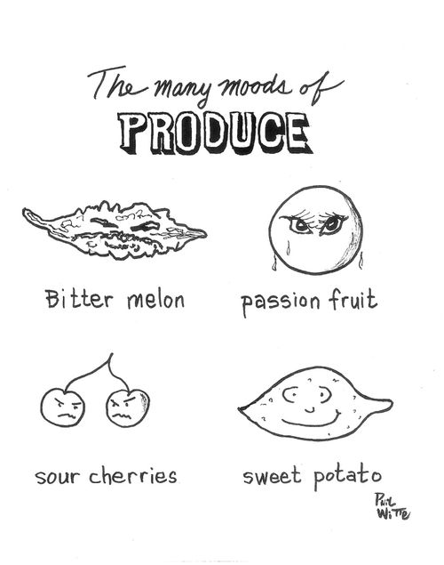 The Many Moods of Produce: Bitter Melon, Passion Fruit, Sour Cherries, Sweet Potato.