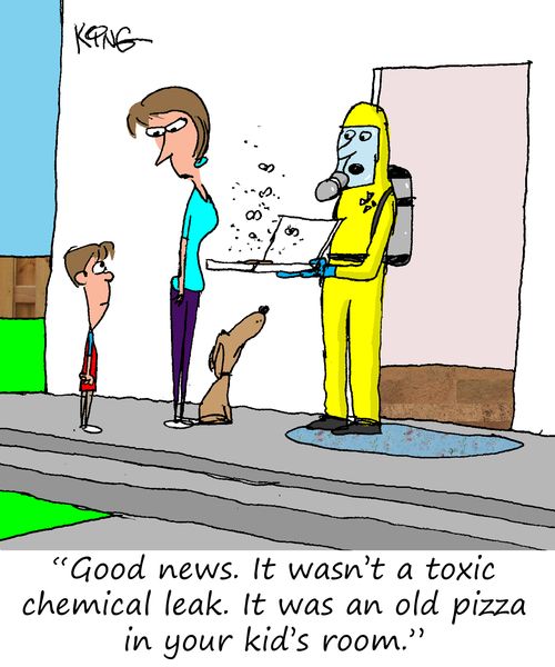 "Good news. It wasn't a toxic chemical leak. It was an old pizza in your kid's room."