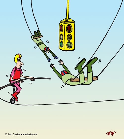 A high wire circus performer must wait on a traffic light for trapeze artists.