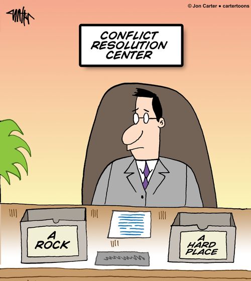 An office worker at the conflict resolution center is stuck between a rock and a hard place.
