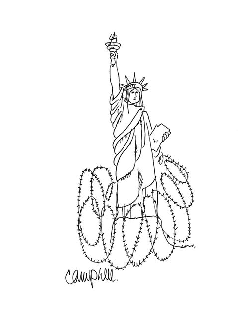 Statue of liberty surrounded by barbed wire