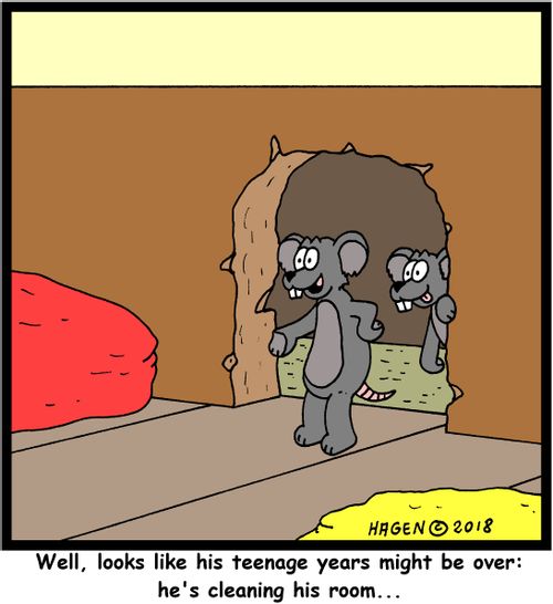 "Well, looks like his teenage years might be over: he's cleaning his room..."