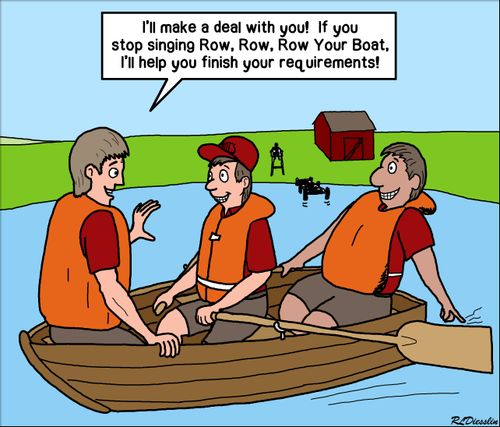 "I'll make a deal with you! If you stop singing Row, Row, Row Your Boat, I'll help you finish your requirements!"