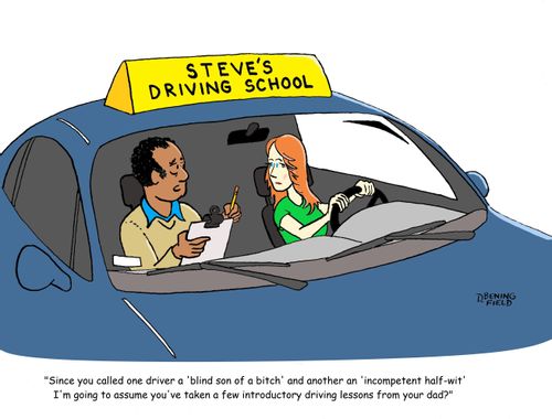 "Since you called one driver a 'blind son of a bitch' and another an 'incompetent half-wit' I'm going to assume you've taken a few introductory driving lessons from your dad?"