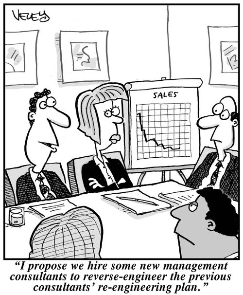 "I propose we hire some new management consultants to reverse-engineer the previous consultants' re-engineering plan."