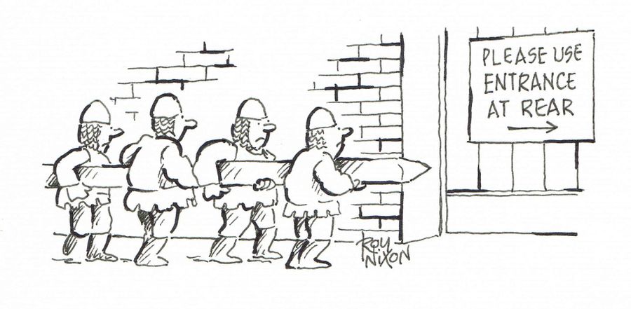 Notice on Castle Door - Please Use Rear Entrance