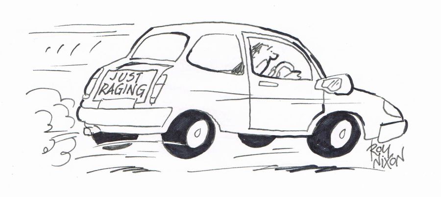 Car with JUST RAGING notice on boot
