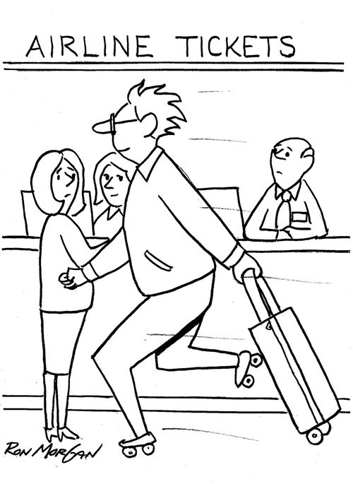 Man skated through airport with rollers on pull bag.