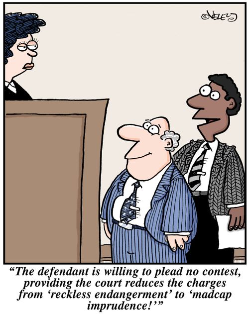 "The defendant is willing to plead no contest, providing the court reduces the charges from 'reckless endangerment' to 'madcap imprudence!'"