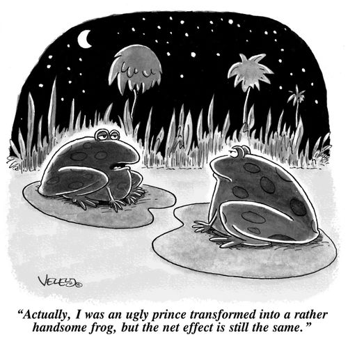 "Actually, I was an ugly prince transformed into a rather handsome frog, but the net effect is still the same."