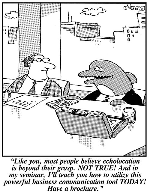 "Like you, most people believe echolocation is beyond their grasp. NOT TRUE! And in my seminar, I'll teach you how to use this powerful business communication tool TODAY! Have a brochure."