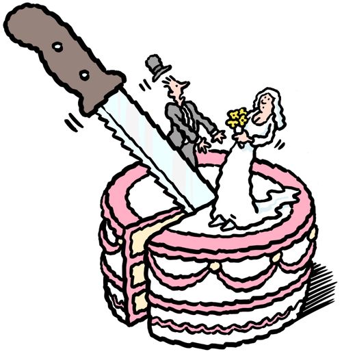 Knife splits newly weds on wedding cake