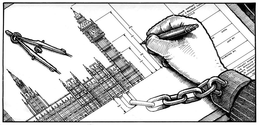 Architect chained to his drawing of parliament