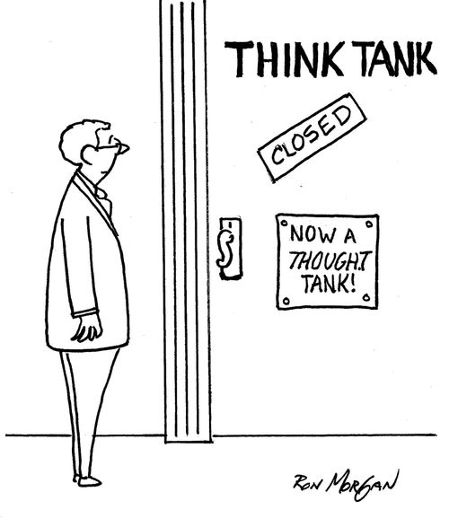 Man at door of Think Tank sees signs Closed Now a Thought Tank.
