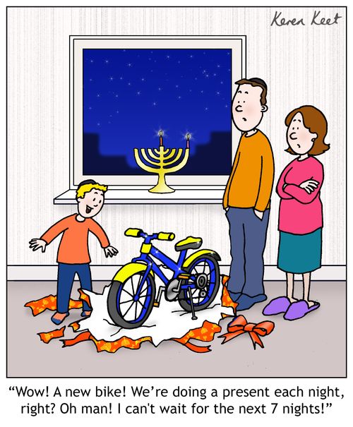 "Wow! A new bike! We;re doing a present each night, right? Oh man! I can't wait for the next 7 nights!"