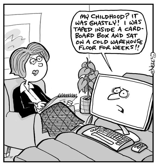 "My childhood? It was ghastly! I was taped inside a cardboard box and sat on a cold warehouse floor for weeks!"