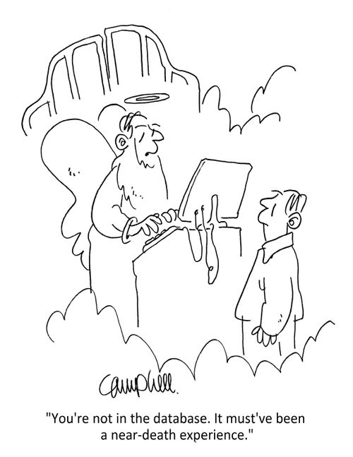 "You're not in the database. It must've been a near-death experience."