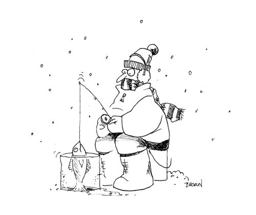 Man ice fishing, pulling fish out in an ice block