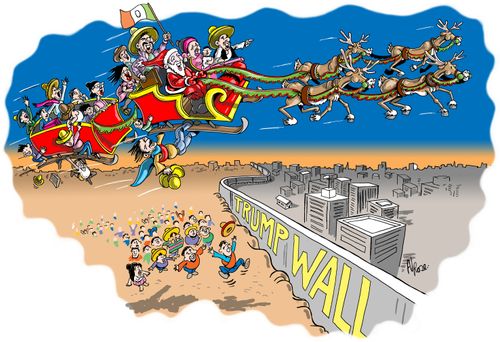 Santa provides rides over Trump's wall.