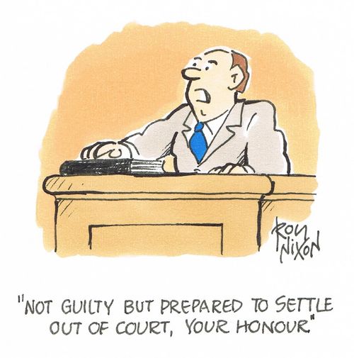 "Not guilty but prepared to settle out of court, your honour." 