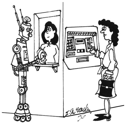 At a bank a person deals with an automatic teller and a robot deals with a human teller.