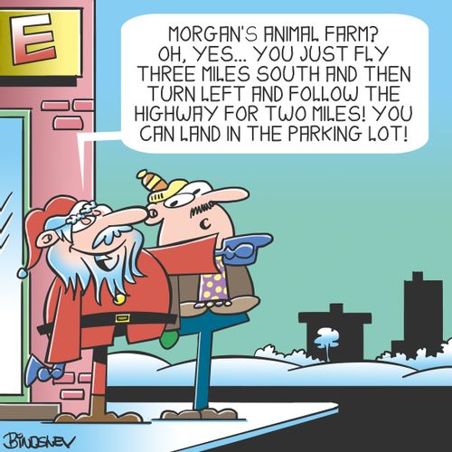 "Morgan's animal farm? Oh, yes...You just fly three miles south and then turn left and follow the highway for two miles! You can land in the parking lot!"