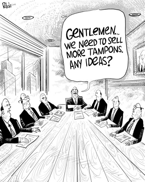 "Gentlemen...we need to sell more tampons. Any ideas?"