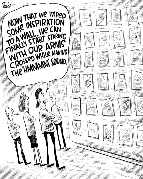"Now that we taped some inspiration to a wall, we can finally start staring with our arms crossed while making the 'hmmmm' sound."